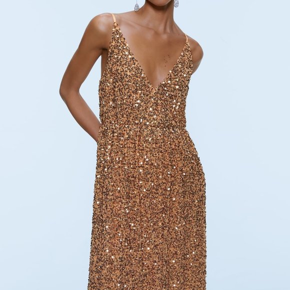 Zara Dresses Zara Limited Edition Sequin Maxi Dress Gold Poshmark